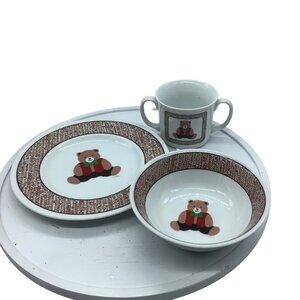 Vtg Child Porcelain Dinner Set B&D Teddy Bear Vest Bowtie Plate Bowl Handle Mug